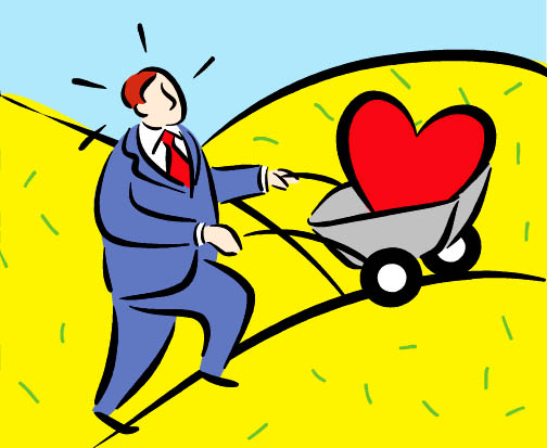 Drawing Man pushing red love heart heart uphill in wheelbarrow 